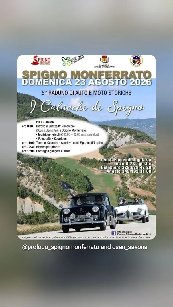 Locandina 5° Raduno di Auto e Moto Storiche - I Calanchi di Spigno - Pro Loco Spigno Monferrato