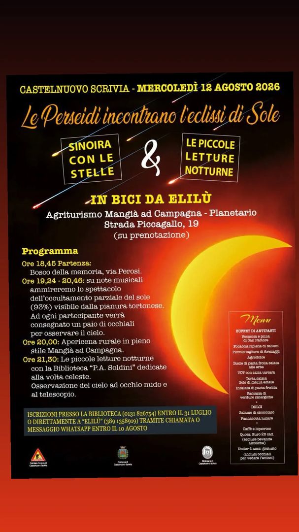 Locandina Le Perseidi incontrano l'eclissi di Sole - Sinoira con le Stelle & Le Piccole Letture Notturne in Bici da Elilù