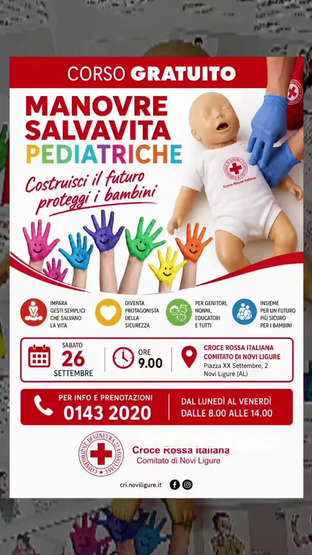 Locandina Corso Gratuito Manovre Salvavita Pediatriche - Croce Rossa Italiana Comitato di Novi Ligure