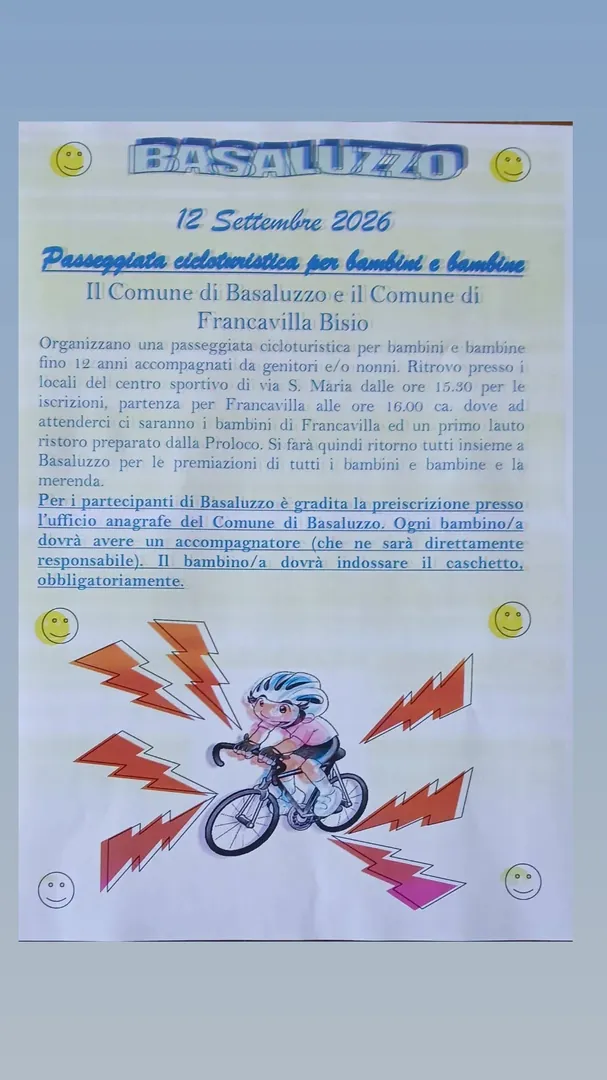 Locandina Passeggiata cicloturistica per bambini e bambine - Comune di Basaluzzo e Comune di Francavilla Bisio