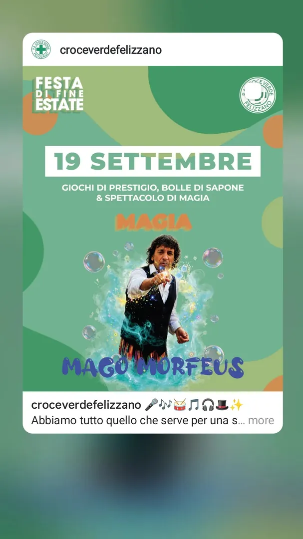 Locandina Mago Morfeus - Giochi di Prestigio, Bolle di Sapone & Spettacolo di Magia - PA Croce Verde Felizzano