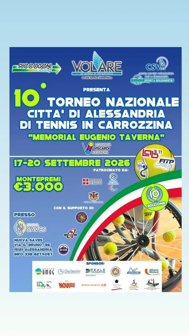 Locandina 10° Torneo Nazionale Città di Alessandria di Tennis in Carrozzina - Memorial Eugenio Taverna - SSD Volare