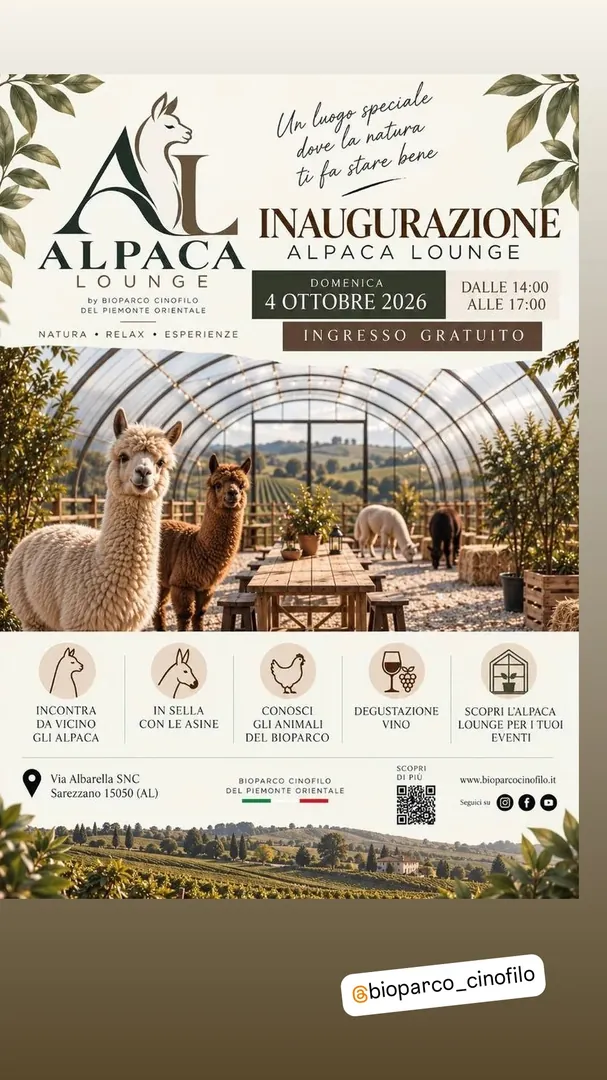 Locandina Inaugurazione Alpaca Lounge - Bioparco Cinofilo del Piemonte Orientale
