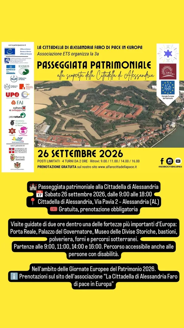 Locandina Passeggiata Patrimoniale alla scoperta della Cittadella di Alessandria - La Cittadella di Alessandria Faro di Pace in Europa ETS