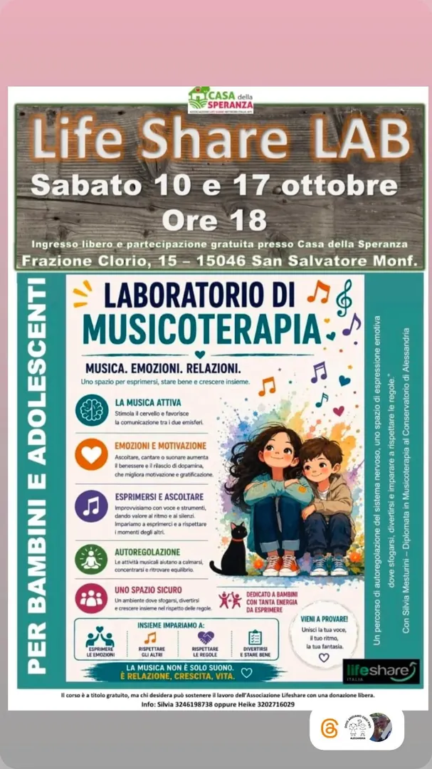 Locandina Life Share LAB - Laboratorio di Musicoterapia - Casa della Speranza
