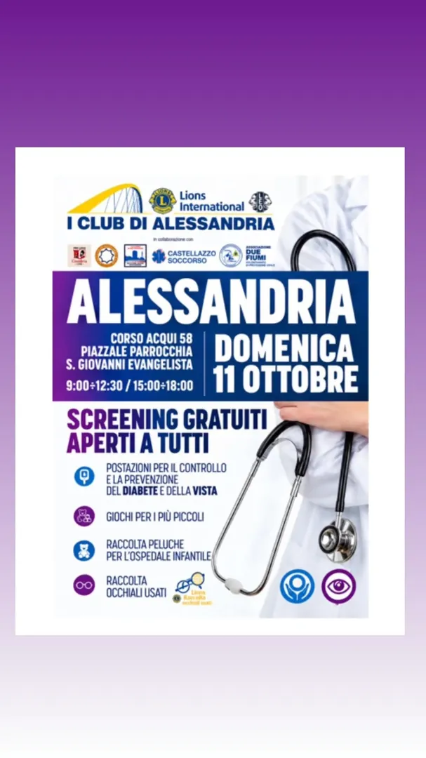 Locandina Screening Gratuiti Aperti a Tutti - Lions Club Alessandria