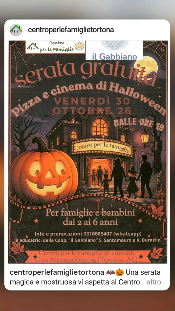 Locandina Pizza e cinema di Halloween - Centro per le Famiglie di Tortona