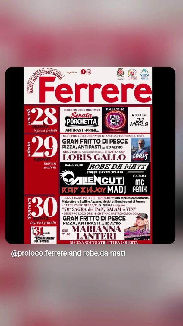 Locandina Festeggiamenti Patronali Sant'Agostino 2026 - Ferrere