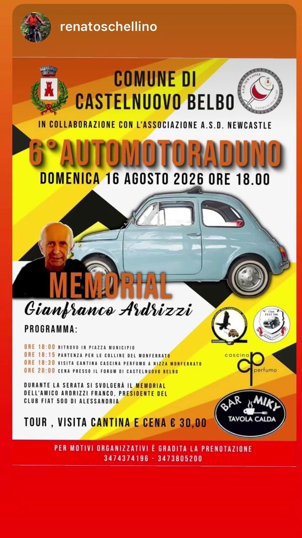 Locandina 6° Automotoraduno Memorial Gianfranco Ardrizzi - Comune di Castelnuovo Belbo