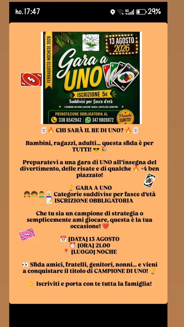 Locandina Gara a UNO - Comitato per Noche