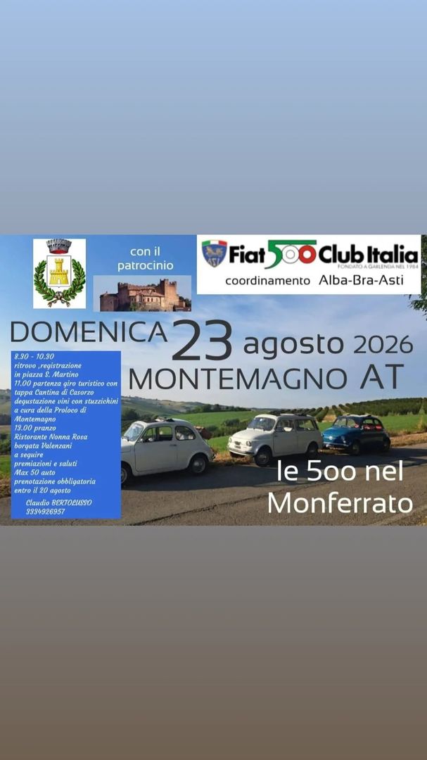 Locandina Le 500 nel Monferrato - Fiat 500 Club Italia coordinamento Alba-Bra-Asti
