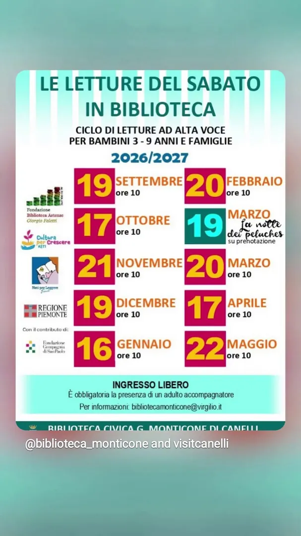 Locandina Le Letture del Sabato in Biblioteca - Biblioteca Civica G. Monticone di Canelli