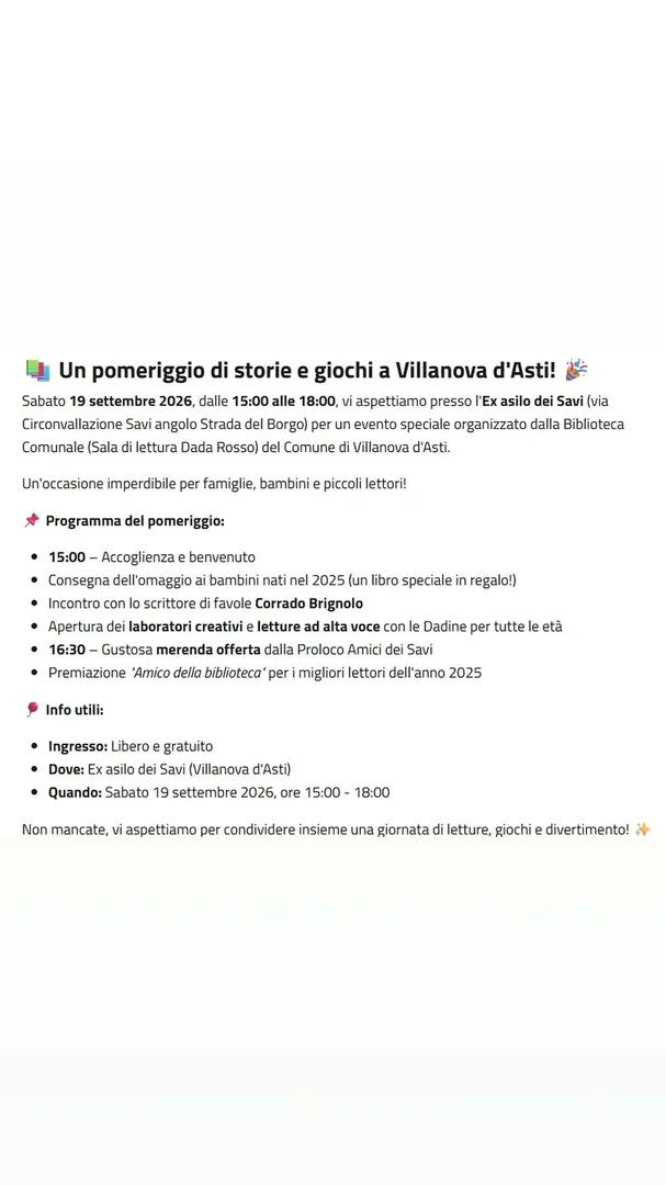 Locandina Un pomeriggio di storie e giochi a Villanova d'Asti - Biblioteca Comunale Comune di Villanova d'Asti