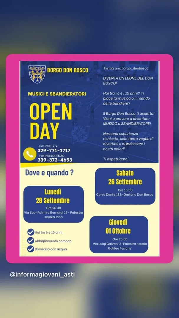 Locandina Open Day Musici e Sbandieratori - Borgo Don Bosco