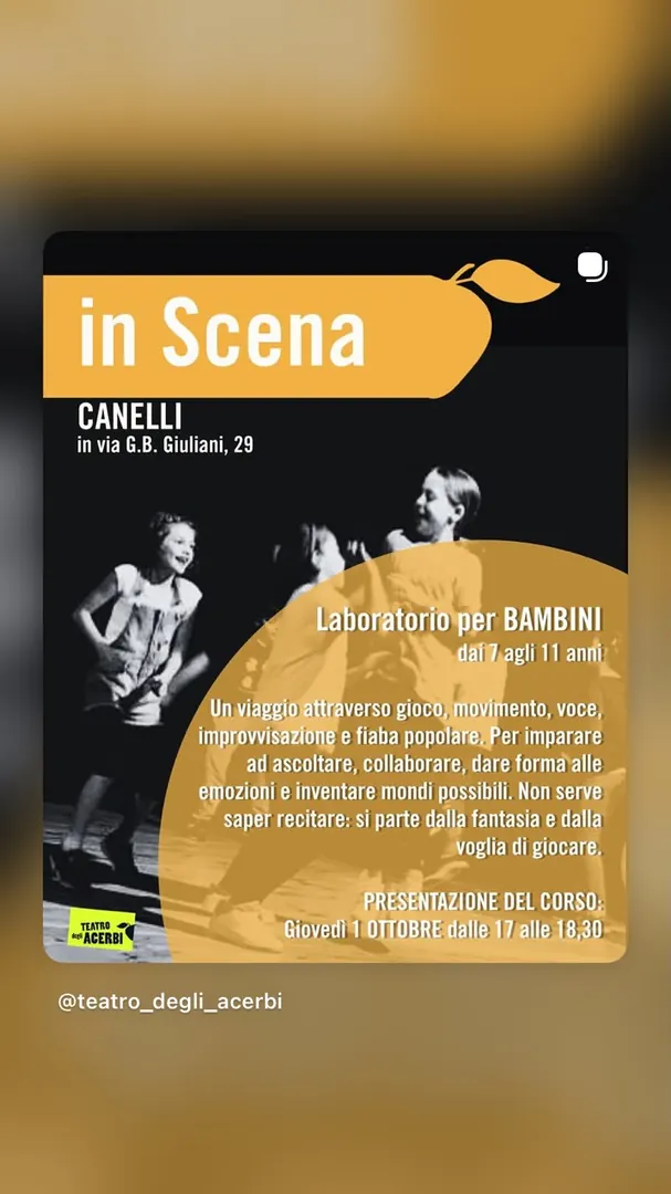 Locandina In Scena - Presentazione del corso laboratorio per bambini - Teatro degli Acerbi