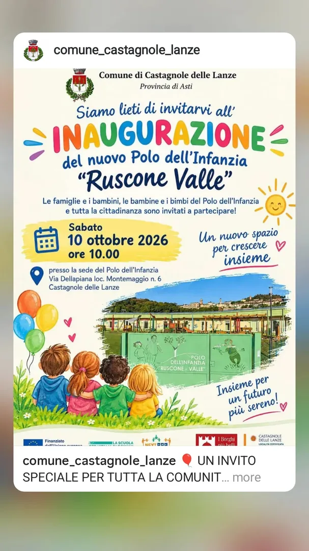 Locandina Inaugurazione del nuovo Polo dell'Infanzia Ruscone Valle - Comune di Castagnole delle Lanze
