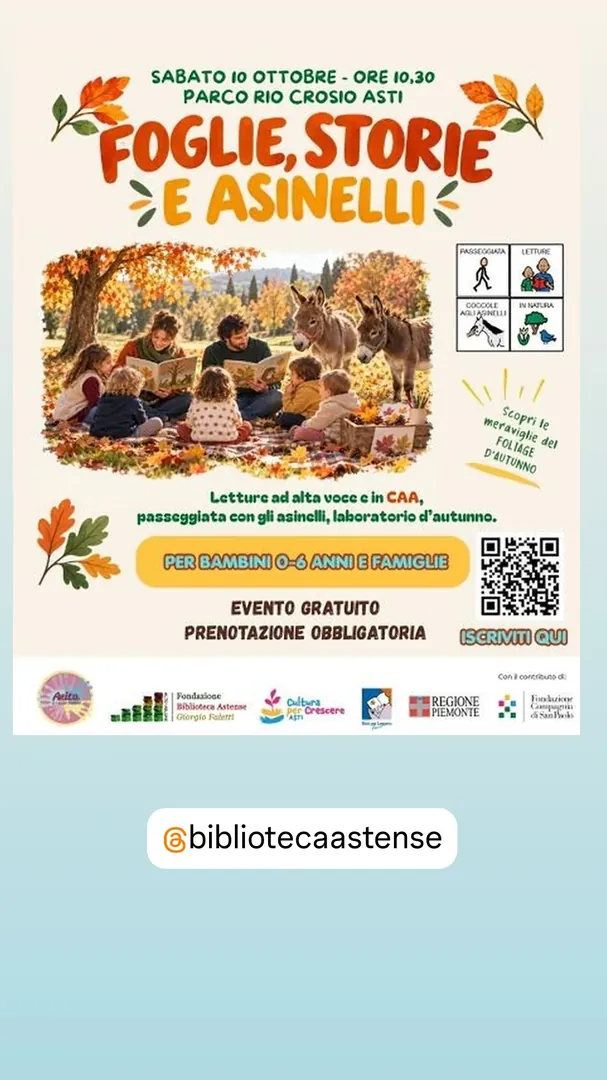 Locandina Foglie, Storie e Asinelli - Fondazione Biblioteca Astense Giorgio Faletti