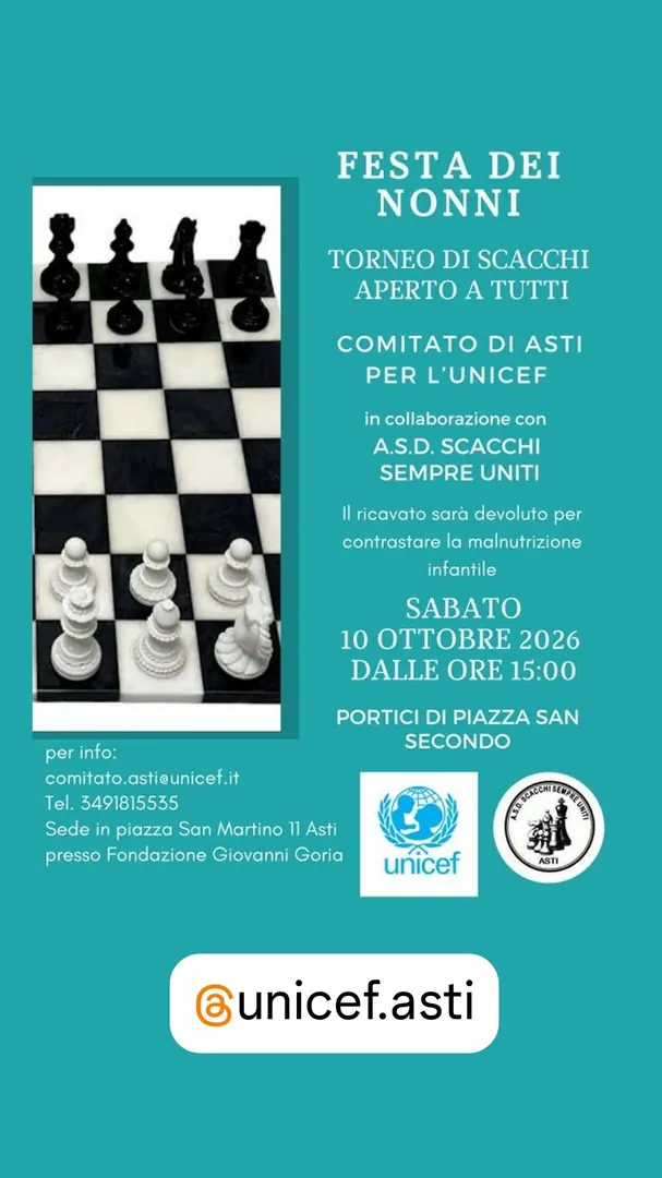 Locandina Torneo di Scacchi Aperto a Tutti - Comitato di Asti per l'UNICEF