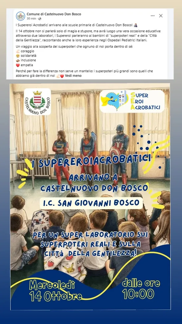 Locandina I Supereroi Acrobatici arrivano a Castelnuovo Don Bosco - Comune di Castelnuovo Don Bosco