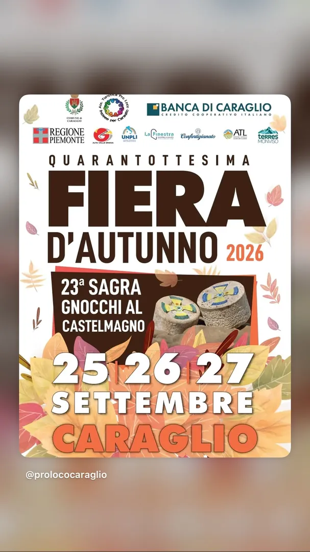 Locandina Quarantottesima Fiera d'Autunno 2026 - 23ª Sagra Gnocchi al Castelmagno - Pro Loco Caraglio