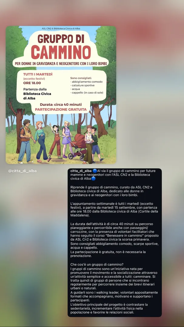 Locandina Gruppo di Cammino per Donne in Gravidanza e Neogenitori - ASL CN2 & Biblioteca Civica di Alba