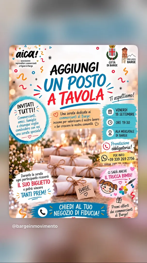 Locandina Aggiungi un Posto a Tavola - AICA Associazione Imprenditori Commercianti Artigiani di Barge