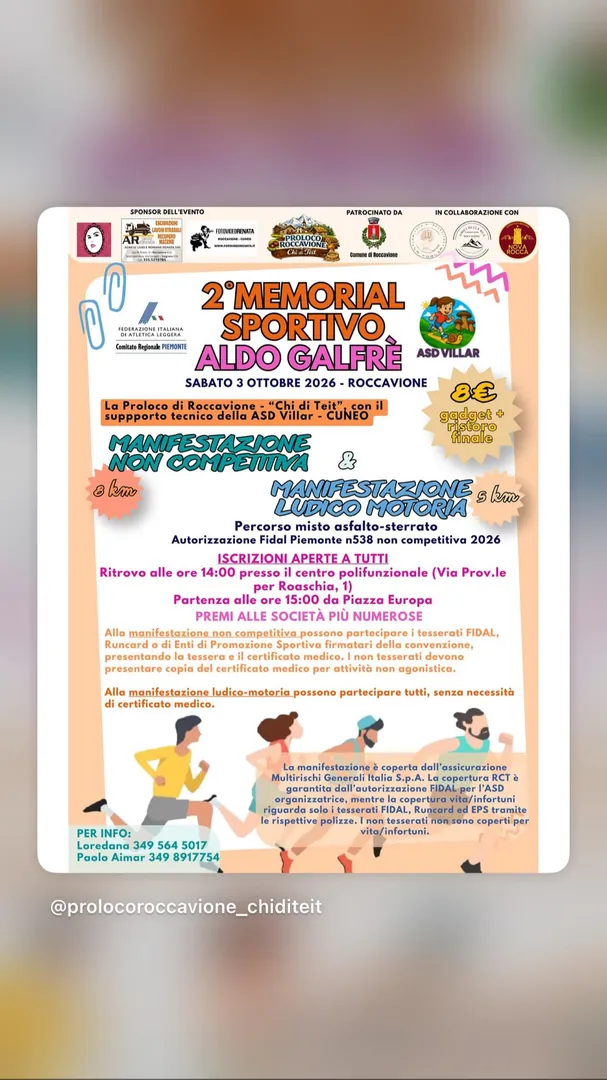 Locandina 2° Memorial Sportivo Aldo Galfrè - Pro Loco Roccavione Chi di Teit