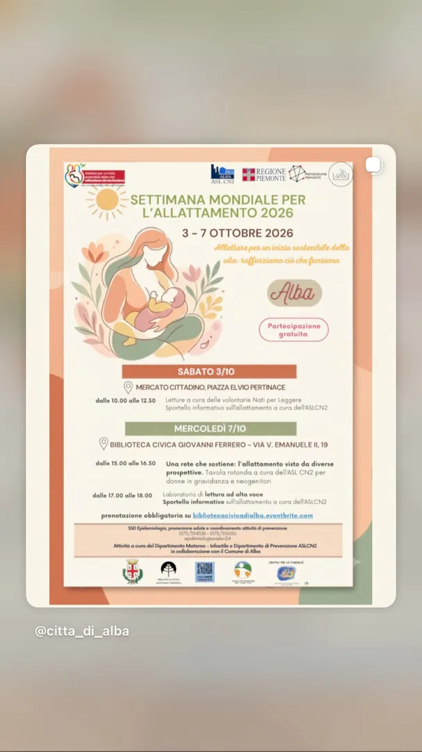 Locandina Settimana Mondiale per l'Allattamento - Letture e Sportello Informativo al Mercato Cittadino