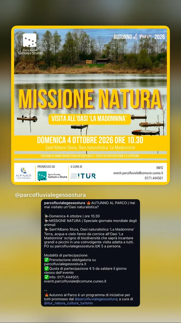 Locandina Missione Natura - Visita all'Oasi 'La Madonnina' - Parco Fluviale Gesso e Stura