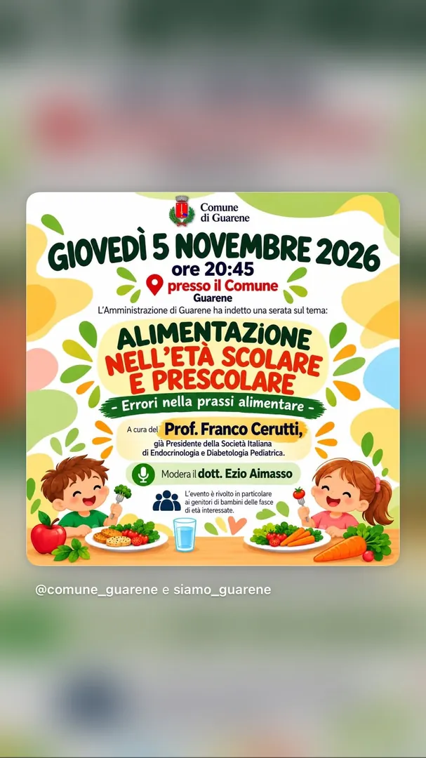 Locandina Alimentazione nell'età scolare e prescolare - Comune di Guarene