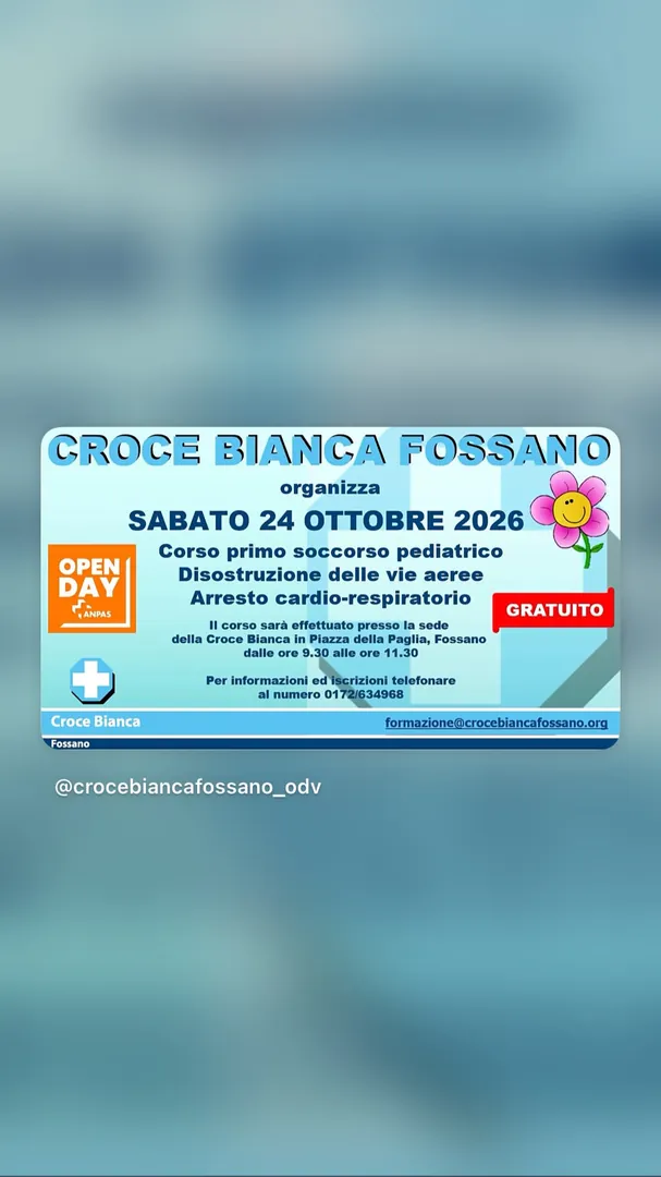 Locandina Corso primo soccorso pediatrico - Croce Bianca Fossano