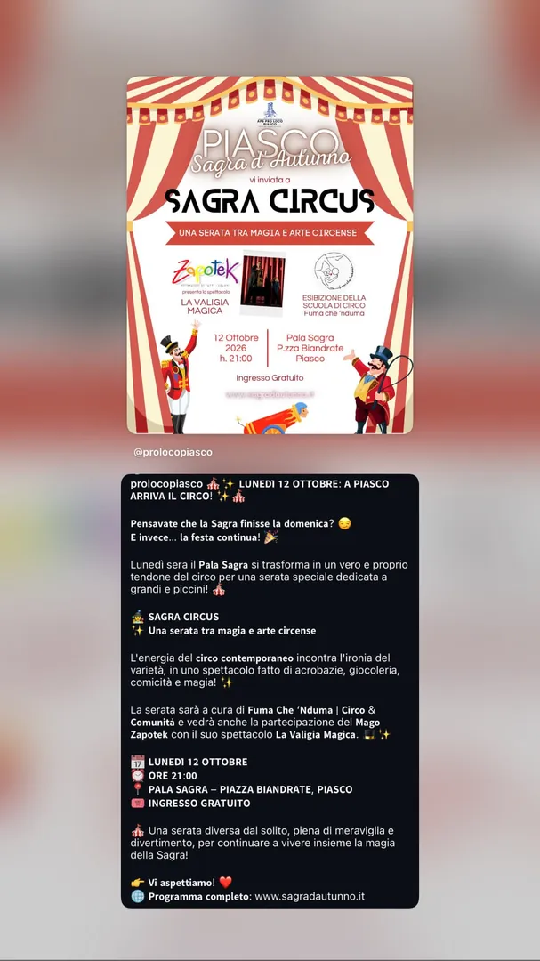 Locandina Sagra Circus - Una serata tra magia e arte circense - APE Pro Loco Piasco