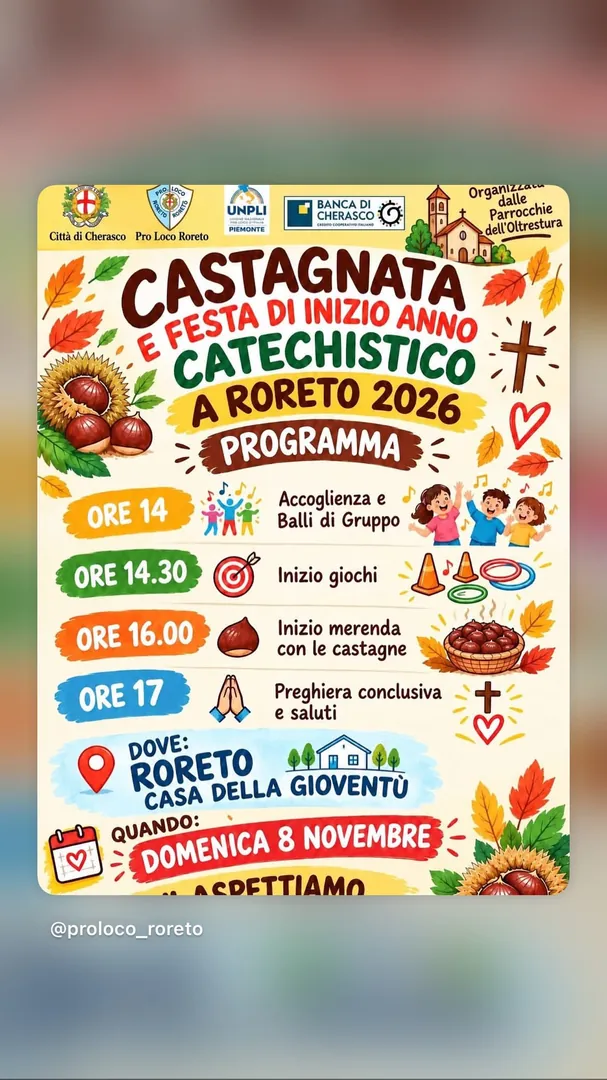 Locandina Castagnata e Festa di Inizio Anno Catechistico a Roreto 2026