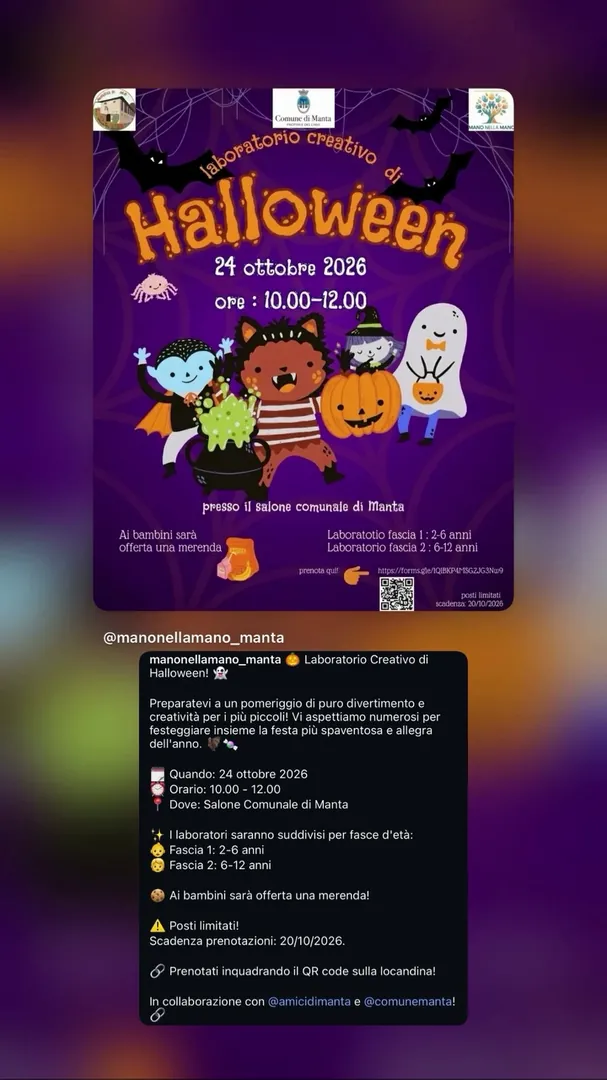 Locandina Laboratorio Creativo di Halloween - Fascia 2 (6-12 anni) - Mano nella Mano Manta
