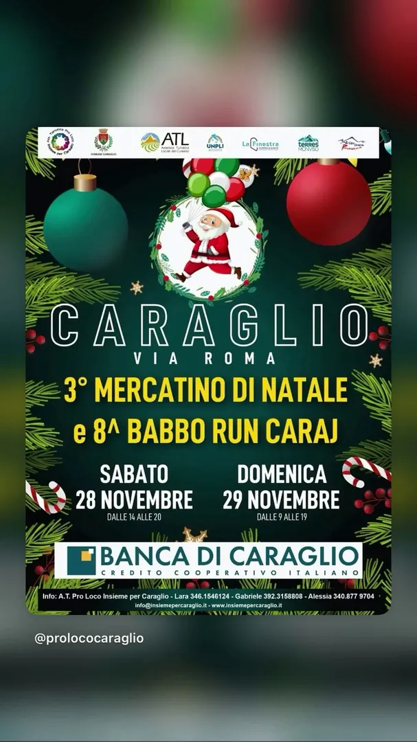 Locandina 3° Mercatino di Natale e 8^ Babbo Run Caraj - A.T. Pro Loco Insieme per Caraglio