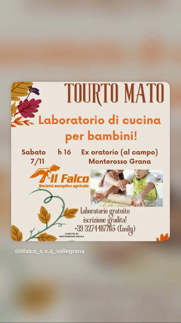 Locandina Tourto Mato - Laboratorio di cucina per bambini - Il Falco Società Semplice Agricola