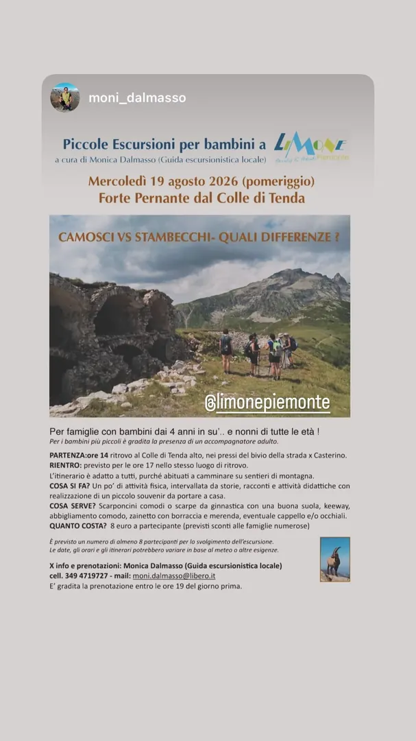 Locandina Piccole Escursioni per bambini - Forte Pernante dal Colle di Tenda - Monica Dalmasso